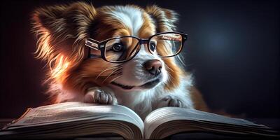 generativo ai ilustração do inteligente sério cachorro dentro óculos lendo uma livro, Volumn luz foto