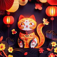 generativo ai ilustração do papel cortar arte, dobrando multi dimensional vietnamita estilo, fofa zodíaco gatinha gato com lanternas dentro fundo, chinês Novo ano. 3d papel ilustração estilo. foto