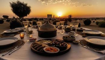 Ramadã iftar comida, iftar refeições e reuniões, Ramadã iftar eid. muçulmano família tem jantar às lar. mesa com tradicional Comida. eid al-fitr celebrações, gerar ai foto