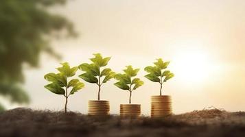 árvore crescendo em moedas e luz lâmpada conceito salvando dinheiro com energia, gerar ai foto