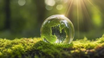 foto luz solar com terra esfera cristal ou sustentável globo vidro em verde musgo natureza fundo dentro ecologia meio Ambiente floresta conceito do árvore conservação de Meio Ambiente planeta eco, gerar ai