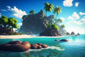 colorida desenho animado tropical rochoso ilha com Palma árvores e lindo turquesa água. ai gerado. foto
