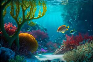 colorida multicolorido embaixo da agua panorama com coral peixe e algas dentro azul água e Sol raios mar fundo desenho animado ilustração.ai gerado. foto