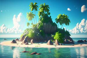 colorida desenho animado tropical rochoso ilha com Palma árvores e lindo turquesa água em volta. ai gerado. foto