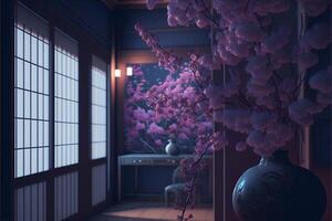 japonês interior com uma ramalhete do cereja flores dentro uma vaso. ai gerado. foto