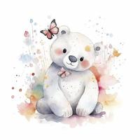 fofa pequeno branco Urso com borboletas, aquarela, luz e pastel cores em branco fundo, gerar ai foto