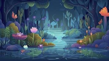 uma mágico conto de fadas panorama com uma floresta lago, encantado jardim, e uma misterioso azul fundo, gerar ai foto