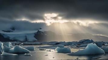 livre foto lindo Jokulsarlon geleira lagoa dentro Islândia, com Sol feixes a partir de uma Sombrio nublado céu, gerar ai