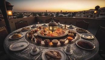 Ramadã iftar comida, iftar refeições e reuniões, Ramadã iftar eid. muçulmano família tem jantar às lar. mesa com tradicional Comida. eid al-fitr celebrações, gerar ai foto