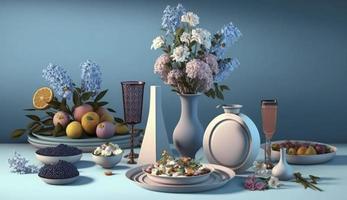 iftar refeições e encontros com flores , pastel cores, em azul fundo. criatividade do humano.3d render e ilustração, gerar ai foto