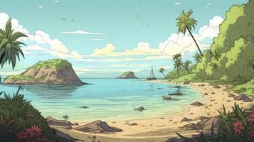 de praia às uma tropical ilha panorama , desenho animado estilo , 4k, gerar ai foto