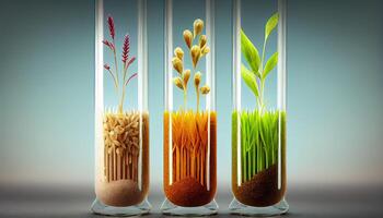plantar sementes dentro teste tubos para genética pesquisar. laboratório análise do agrícola commodities gerado ai foto