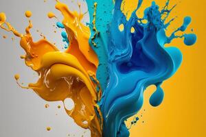 fechar-se arte do azul e amarelo acrílico pintura espirrando. generativo ai foto