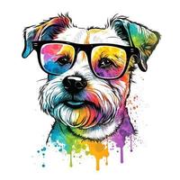 uma colorida feliz cachorro com arco Iris colori oculos de sol isolado em branco fundo. camiseta Projeto. gerar ai foto