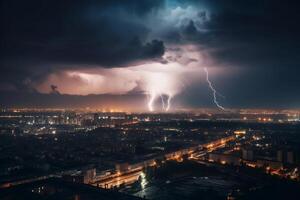 relâmpago sobre a noite cidade. ai gerado foto