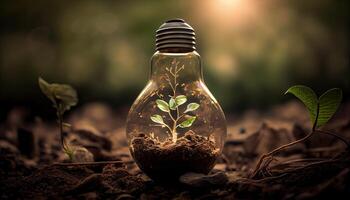 verde energia e uma brilhante futuro uma luz lâmpada dentro solo gerado ai foto