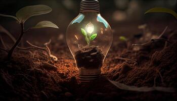 verde energia e uma brilhante futuro uma luz lâmpada dentro solo gerado ai foto