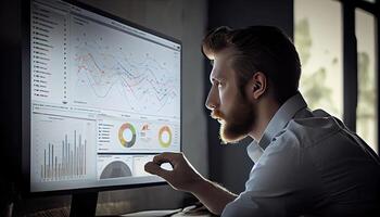 analista trabalhando em o negócio analytics painel de controle gerado ai foto