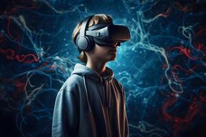 retrato do uma Garoto dentro uma virtual realidade capacete. a conceito do virtual realidade. generativo ai foto