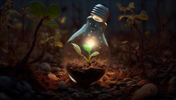 verde energia e uma brilhante futuro uma luz lâmpada dentro solo gerado ai foto