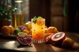 fresco frutas suco em surpreendente luz fundo, saudável bebida rico dentro vitaminas. criada generativo ai foto