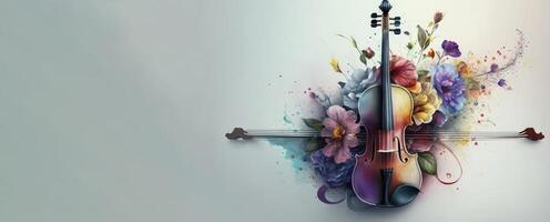 lindo violino com rústico colorida flor dentro pastel fundo para música festival bandeira ai gerado foto