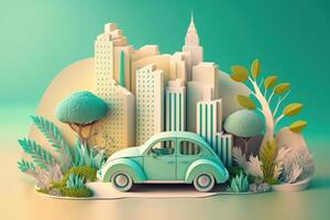 eco amigáveis carro com paisagem urbana papel cortar estilo, renovável e sustentável energia conceito. generativo ai foto