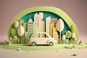 eco amigáveis carro com paisagem urbana papel cortar estilo, renovável e sustentável energia conceito. generativo ai foto