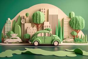 eco amigáveis carro com paisagem urbana papel cortar estilo, renovável e sustentável energia conceito. generativo ai foto