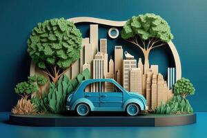 eco amigáveis carro com paisagem urbana papel cortar estilo, renovável e sustentável energia conceito. generativo ai foto