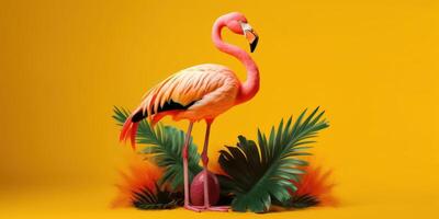 verão festivo com flamingo em amarelo fundo, tropical verão tempo. generativo ai foto