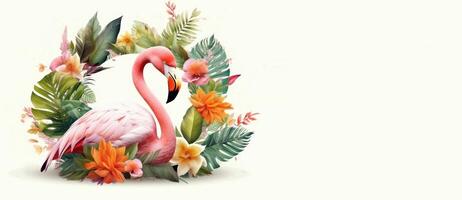 verão festivo com flamingo em branco fundo, tropical verão tempo. generativo ai foto