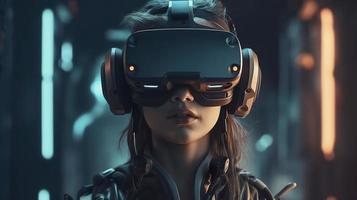 foto retrato cyberpunk mulher em a isolado borrado fundo cyborg personagem vestindo virtual realidade óculos, gerar ai