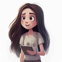 fofa personagem, grande lábios, rosado bochechas, grandes Sombrio cabelo, segurando a iPad, sorridente, branco camiseta, luz cores, gerar ai foto