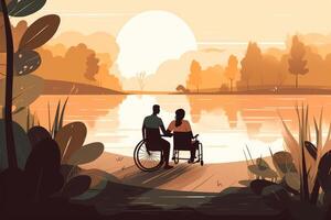 multirracial casal dentro cadeira de rodas às ao ar livre pintura generativo ai foto