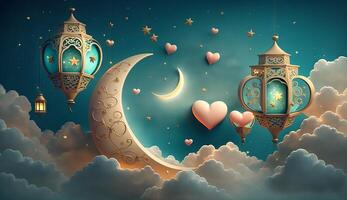 islâmico ilustração do uma crescente lua e realista nuvens com tradicional lanternas e corações generativo ai foto