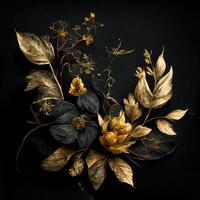 dourado Preto seco folhas e flores generativo ai foto