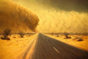 deserto panorama com uma tempestade de areia e estrada. generativo ai foto