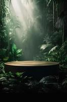 uma deslumbrante temático da selva esvaziar espaço com natureza fundo, perfeito para profissional produtos exibição foto
