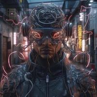 animê retrato cyberpunk do homem cyborg com virtual realidade fone de ouvido conectado, gerar ai foto