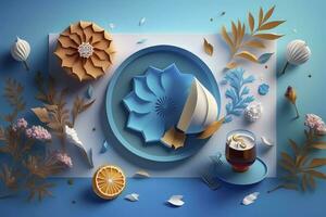 iftar refeições e encontros com flor em azul fundo. papel arte , 3d render e ilustração, gerar ai foto