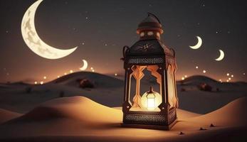 arábia sahara lanterna e lua configuração para cumprimento Ramadã ou eid Mubarak cartões, gerar ai foto