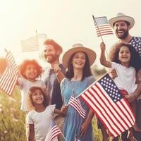 americano família a comemorar acenando EUA bandeiras 4º do julho. generativo ai foto