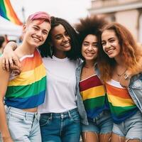 diverso jovem amigos a comemorar gay orgulho festival lgbtq. generativo ai foto