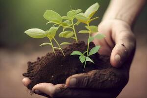 uma pessoa segurando uma pequeno plantar dentro seus mãos foto