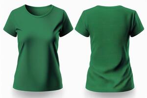 foto realista fêmea verde Camisetas com cópia de espaço, frente e costas visualizar. ai gerado