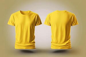 foto realista masculino amarelo Camisetas com cópia de espaço, frente e costas visualizar. ai gerado