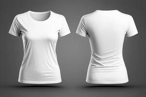 foto realista fêmea branco Camisetas com cópia de espaço, frente e costas visualizar.