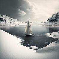 barco a vela dentro a inverno Nevado mar. generativo ai foto