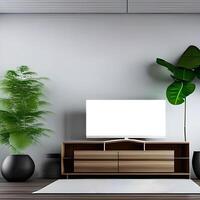 vivo quarto interior brincar, mobília e decorativo na moda flor e plantas, branco sofá e cadeirão, natural elementos e minimalismo 3d render . ai generativo foto